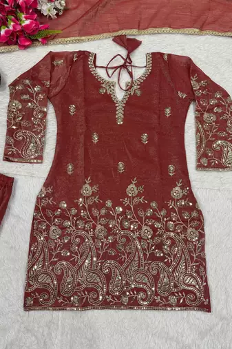 Rust red sequence embroidered sharara suit set for women