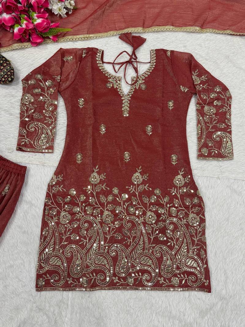 Rust red sequence embroidered sharara suit set for women