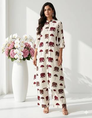Women off-white & maroon red elephant print cotton kurta with palazzos 1