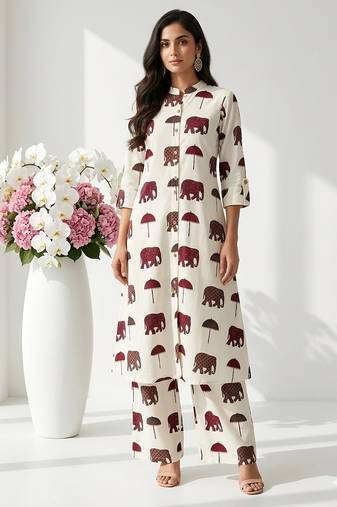 Women new trendy  off-white & maroon red elephant print cotton kurta with palazzos