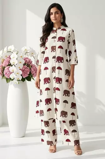 Women new trendy  off-white & maroon red elephant print cotton kurta with palazzos