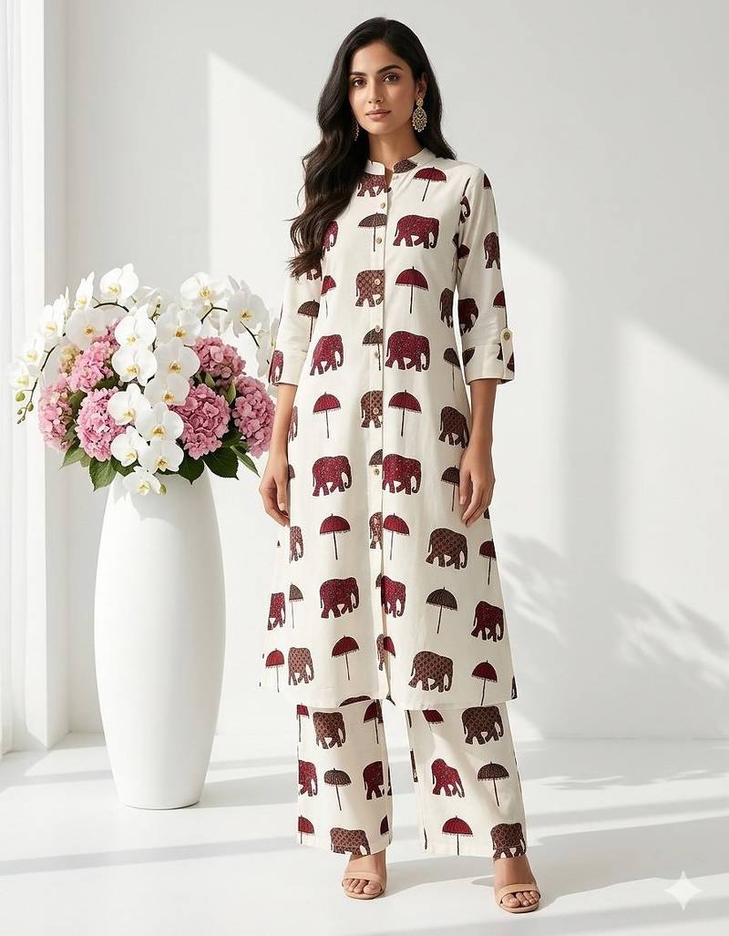 Women new trendy  off-white & maroon red elephant print cotton kurta with palazzos