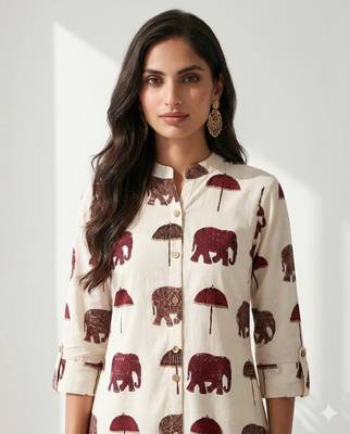 Women off-white & maroon red elephant print cotton kurta with palazzos 2