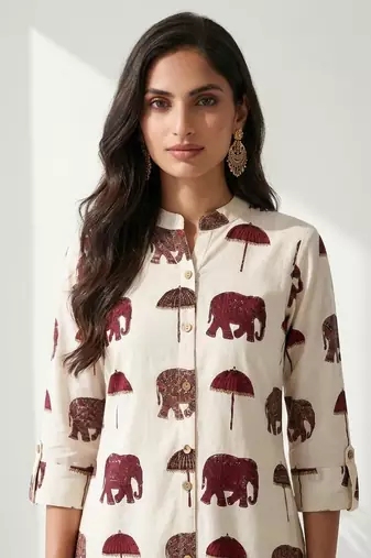 Women new trendy off-white & maroon red elephant print cotton kurta with palazzos