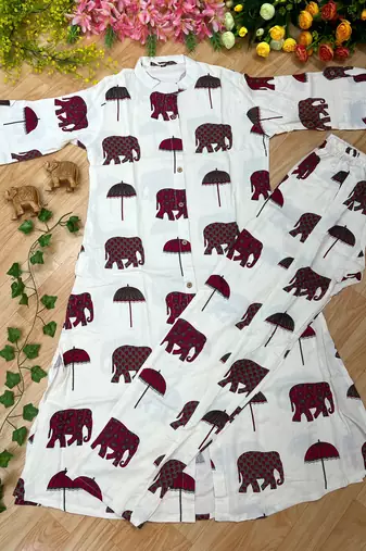 Women new trendy off-white & maroon red elephant print cotton kurta with palazzos