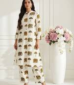 Women new trendy  off-white & mustard yellow elephant print cotton kurta with palazzos