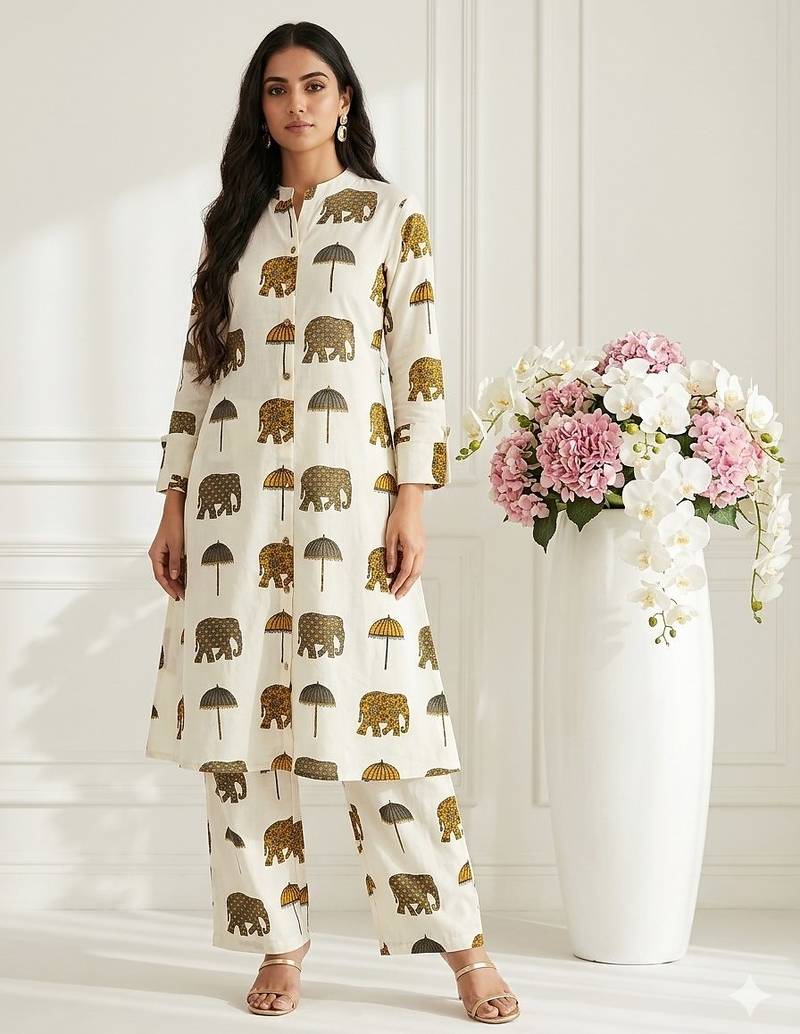 Women new trendy  off-white & mustard yellow elephant print cotton kurta with palazzos