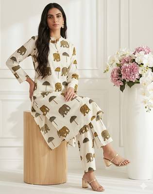 Women off-white & mustard yellow elephant print cotton kurta with palazzos 3