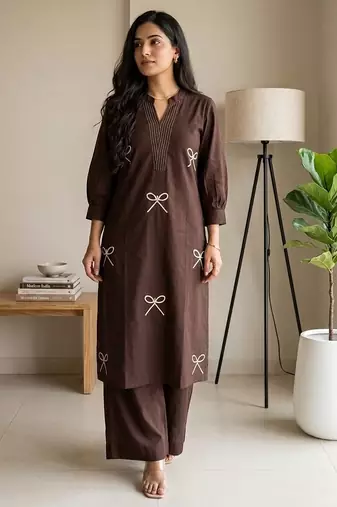Women new trendy chocolate brown embroidered cotton kurta with palazzos