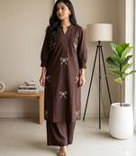Women new trendy chocolate brown embroidered cotton kurta with palazzos
