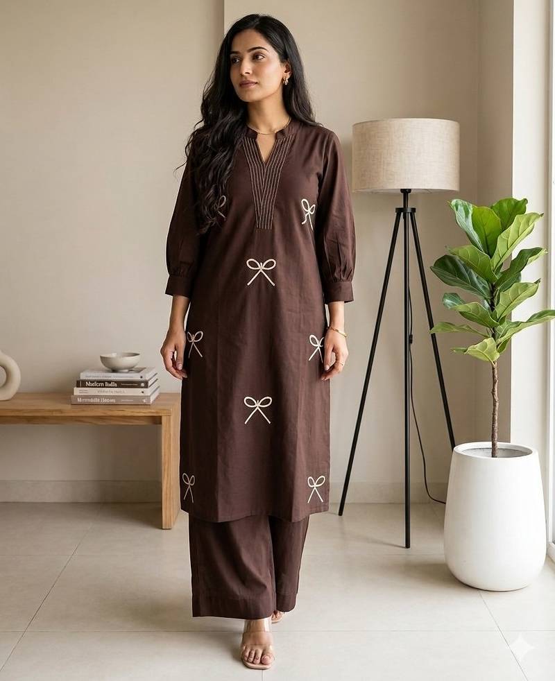 Women new trendy chocolate brown embroidered cotton kurta with palazzos