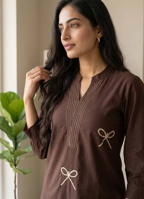 Women chocolate brown embroidered cotton kurta with palazzos 2