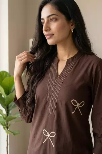 Women new trendy chocolate brown embroidered cotton kurta with palazzos