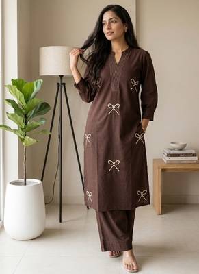 Women chocolate brown embroidered cotton kurta with palazzos 3