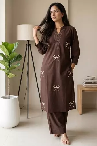 Women new trendy chocolate brown embroidered cotton kurta with palazzos