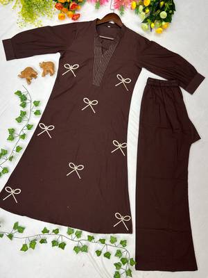 Women chocolate brown embroidered cotton kurta with palazzos 4