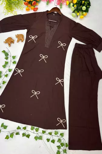 Women new trendy chocolate brown embroidered cotton kurta with palazzos