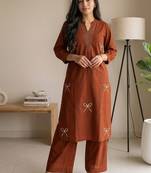 Women new trendy  rust orange embroidered cotton kurta with palazzos