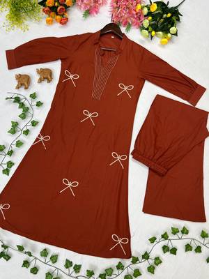 Women rust orange embroidered cotton kurta with palazzos 4