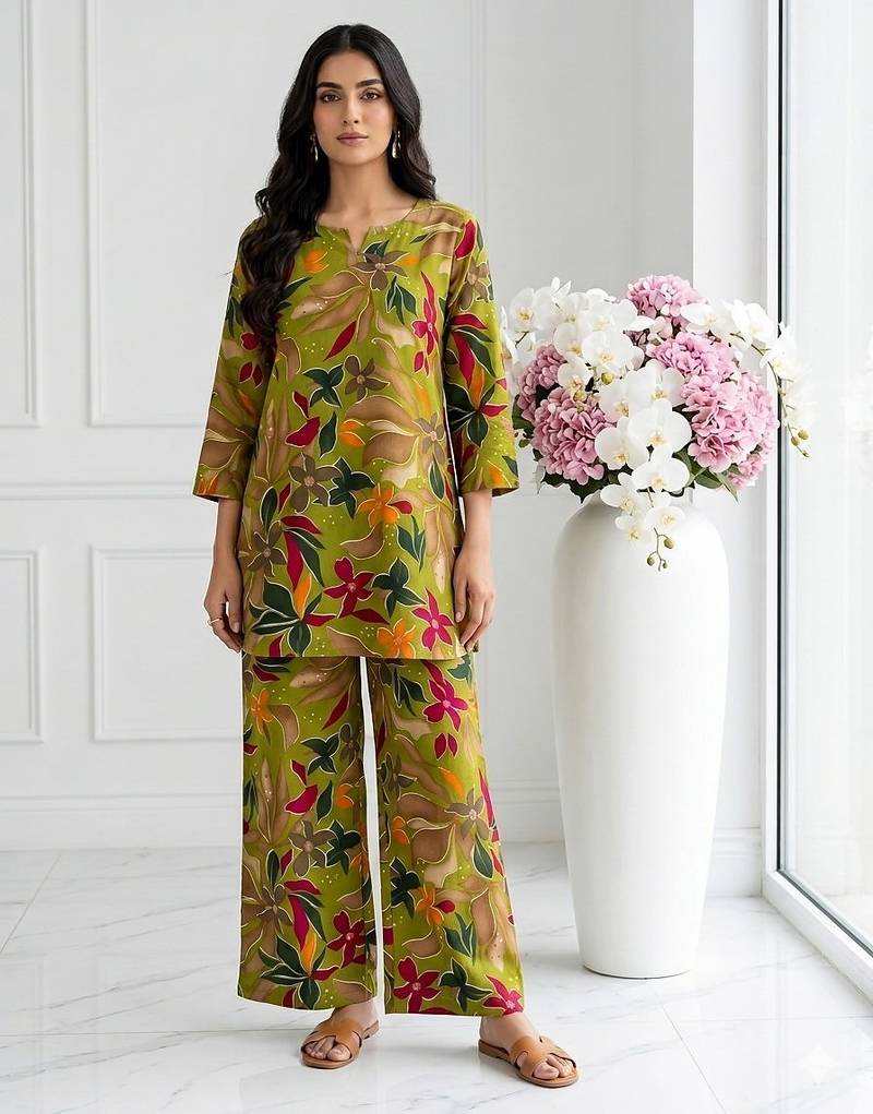 Women new latest  green floral printed crepe kurta with palazzos set