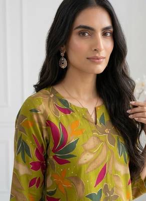 Women latest green floral printed crepe kurta with palazzos set 2