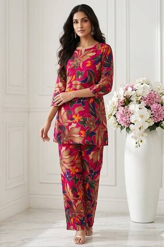 Women  red floral printed crepe kurta with palazzos set