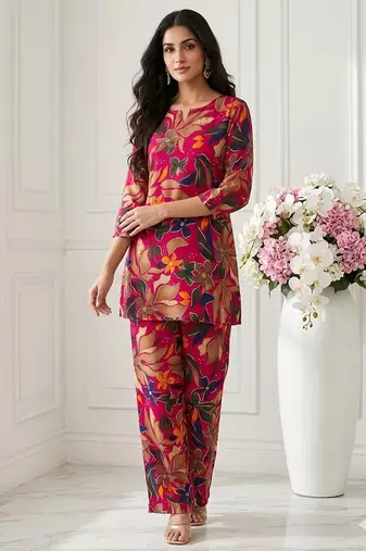Women new latest red floral printed crepe kurta with palazzos set