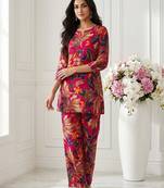 Women new latest  red floral printed crepe kurta with palazzos set