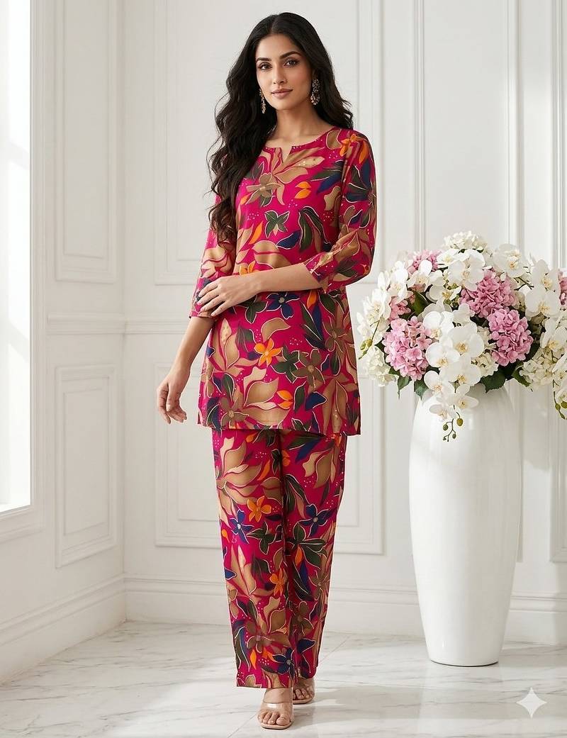Women new latest  red floral printed crepe kurta with palazzos set