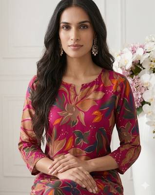 Women  red floral printed crepe kurta with palazzos set 2