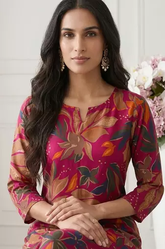 Women new latest red floral printed crepe kurta with palazzos set