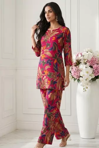 Women new latest red floral printed crepe kurta with palazzos set