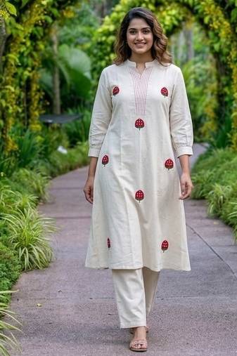  latest women off-white embroidered cotton a-line kurta with trousers