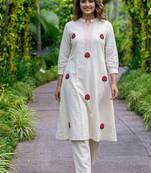 New latest women off-white embroidered cotton a-line kurta with trousers