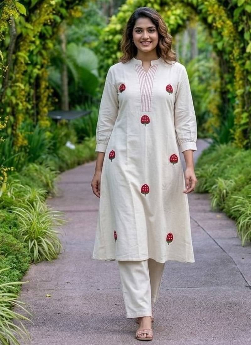 New latest women off-white embroidered cotton a-line kurta with trousers