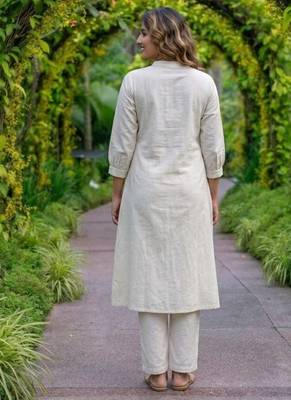  latest women off-white embroidered cotton a-line kurta with trousers 3