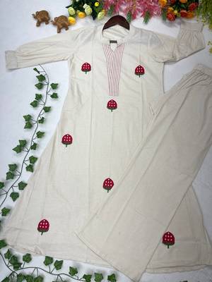  latest women off-white embroidered cotton a-line kurta with trousers 4
