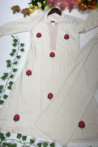 New latest women off-white embroidered cotton a-line kurta with trousers