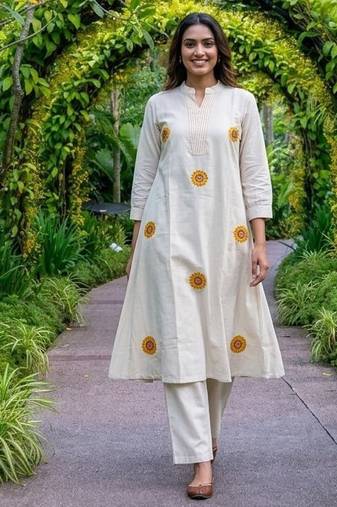 New latest women off-white embroidered cotton a-line kurta with trousers