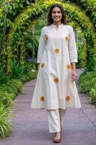  women off-white embroidered cotton a-line kurta with trousers