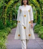 New latest women off-white embroidered cotton a-line kurta with trousers
