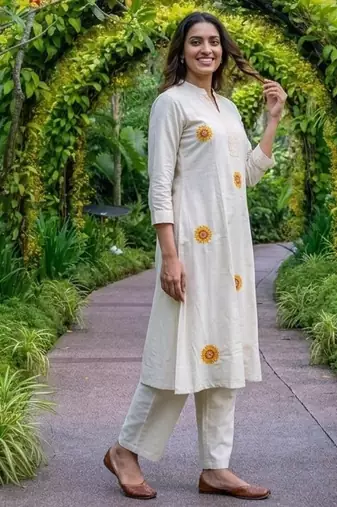  women off-white embroidered cotton a-line kurta with trousers