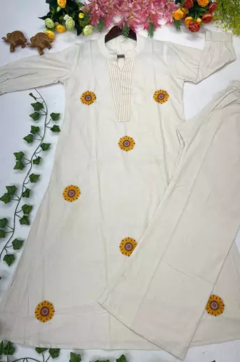  women off-white embroidered cotton a-line kurta with trousers