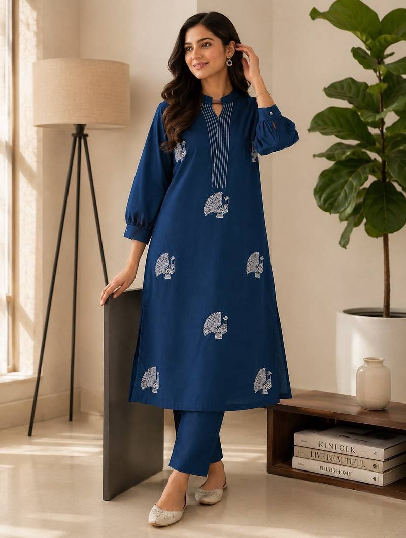 Women blue cotton printed kurta with trousers co-ord set