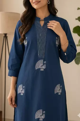 Women blue cotton printed kurta with trousers co-ord set