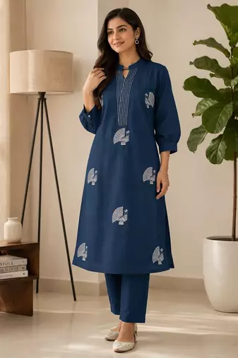 Women blue cotton printed kurta with trousers co-ord set