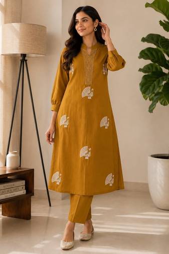 Women mustard cotton printed kurta with trousers co-ord set