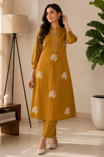 Women mustard cotton printed kurta with trousers co-ord set