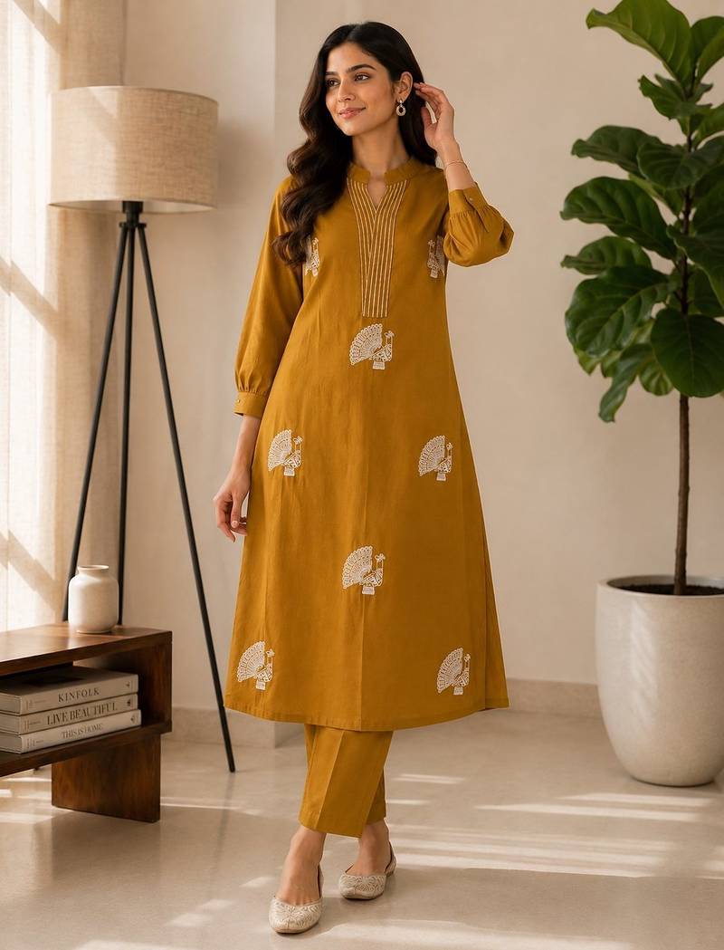 Women mustard cotton printed kurta with trousers co-ord set