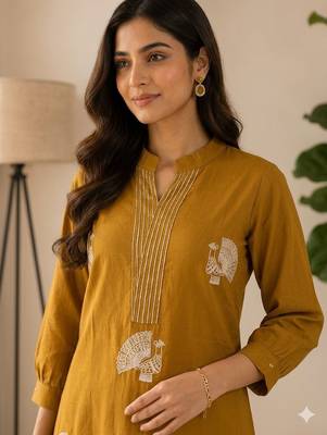 Women mustard cotton printed kurta with trousers co-ord set 2